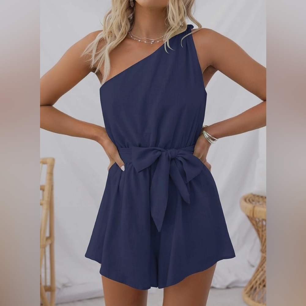 ZESICA Boho Summer Romper One Shoulder Sleeveless Tie Waist  Short Jumpsuit - Picture 5 of 9